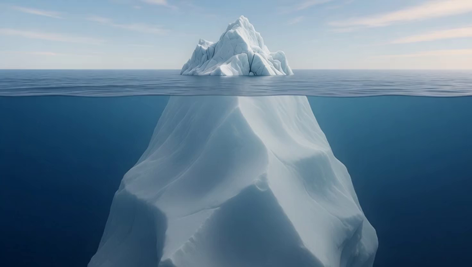 An iceberg with a small tip above the waterline and a vast mass below it